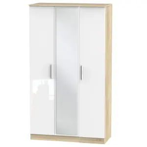 Trent Triple Mirror Wardrobe in White Gloss & Bardolino Oak (Ready Assembled)