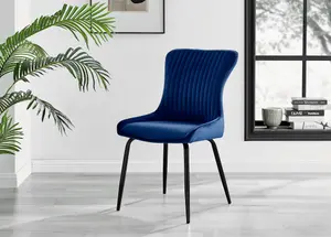 Furniturebox UK Palma Black Semi-Gloss Round Pedestal Dining Table & 4 Blue Velvet Nora Black Leg Chairs