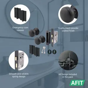 AFIT Lined Key Lock Door Knob Set Matt Black - 1 Pair of Mortice Knobs (55mm), Sash Lock (80mm) & Hinges (76mm) for Internal Doors