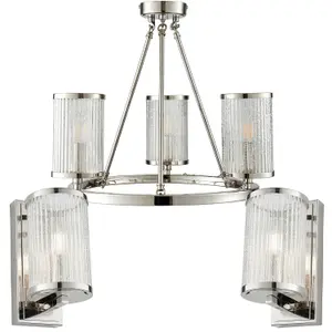 3 Lamp Ceiling & 2x Matching Wall Light Pack Bright Nickel & Ribbed Glass Shade