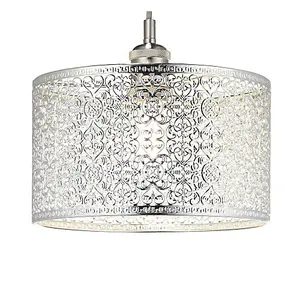 Ornate Moroccan Style Decorated Shiny Silver Metal Pendant Shade 25cm x 15cm