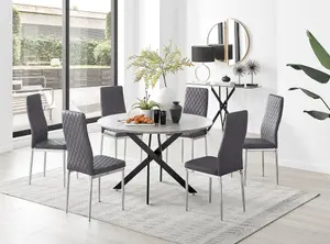 Furniturebox UK Novara Grey Concrete Effect Black Leg 120cm Round Dining Table & 6 Grey Velvet Milan Chairs