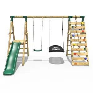 Rebo Wooden Swing Set with Deck and Slide plus Up and Over Climbing Wall - Quartz Green