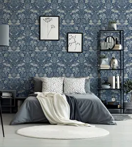 Arthouse Traditional Folk Floral Trail Denim Blue Birds Flowers Leaves Wallpaper