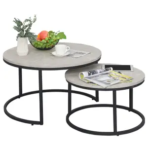 HOMCOM 2 Pcs Stacking Coffee Table Set Steel Frame, Marble Grey