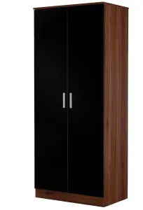 REFLECT 2 Door Plain Wardrobe in Gloss Black Door Fronts and Walnut Carcass