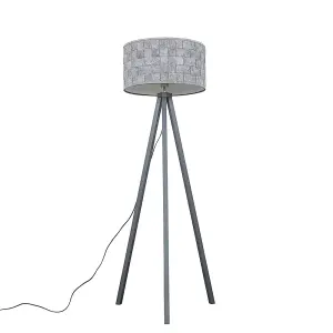 ValueLights Modern Grey Wood Tripod Floor Lamp With Grey Weave Fabric Shade