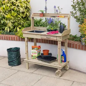 Garden Potting Table Bench Outdoor Wooden Workstation Wheels Tray Christow