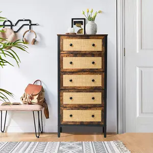 Rustic Rattan Storage Cabinet with 5 Drawers