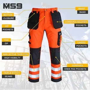 MS9 Mens Hi Viz Cargo Combat Holster Pockets Tactical Working Work Trouser Trousers Pants Jeans, Orange - 30W/30L