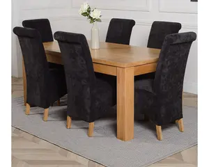 Dakota 182 x 92 cm Chunky Oak Large Dining Table and 6 Chairs Dining Set with Montana Black Fabric Chairs