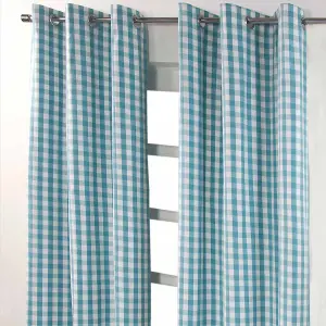 Homescapes Cotton Blue Block Check Gingham Eyelet Curtains 117 x 137 cm