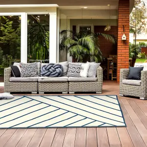 Large Garden Outdoor Rug For Patio, Royal Blue & Cream Geo-Lines Waterproof Garden Rug 160 x 230cm