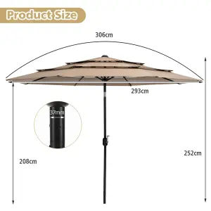 Costway 3 X 3M Patio Umbrella 3-Tier Double Vented Outdoor Crank Umbrella Market Table Umbrella