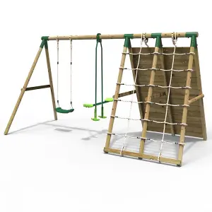 Rebo Beat The Wall Wooden Swing Set with Double up & Over Climbing Wall -Peak