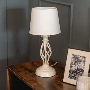 ValueLights Memphis Cream Twist Table Lamp with a Fabric Lampshade Bedroom Bedside Light