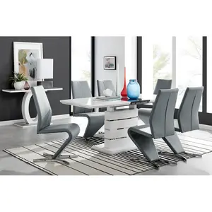 Renne Modern High Gloss Extendable Dining Table Set With 6 Modern Design Faux Leather Dining Chairs Grey