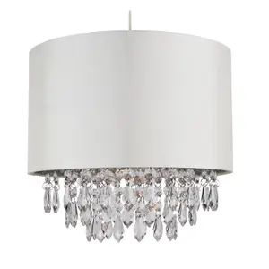 First Choice Lighting 300mm Cream Faux Silk Easy Fit Shade with Chrome Inner and Clear Droplets