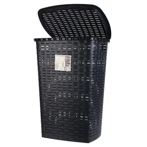 URBNLIVING Height 59cm Black 53L Plastic Rattan Style Laundry Clothes Washing Storage Basket Hamper with Lid