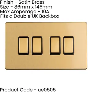 3 PACK 4 Gang Quad Light Switch SCREWLESS SATIN BRASS 2 Way 10A Slim Rocker