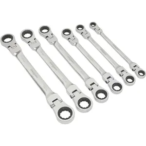 6-Piece Flexible Head Ratchet Ring Spanner Set - 12 Point Metric Wrench for Tight Spaces