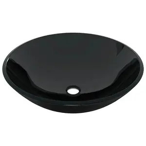 Bathroom Sink with Tap and Push Drain Black Tempered Glass