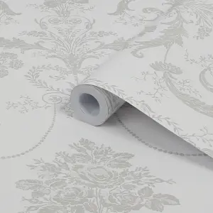 Laura Ashley Josette Dove grey & white Damask Smooth Wallpaper