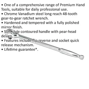 Premium Long Reach 48-Tooth Pear-Head Ratchet Wrench with Flip Reverse Feature