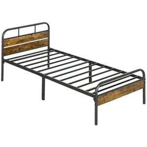 HOMCOM Single Bed Frame with Headboard, No Box Spring Needed, Rustic Brown