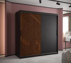 Sophisticated Marsylia Sliding Door Wardrobe W1800mm H2000mm D620mm - Black & Dark Walnut, Ample Storage, Modern Design