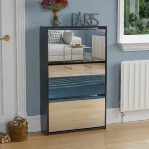 Vida Designs Welham Black 3 Drawer Mirrored Shoe Storage Cabinet