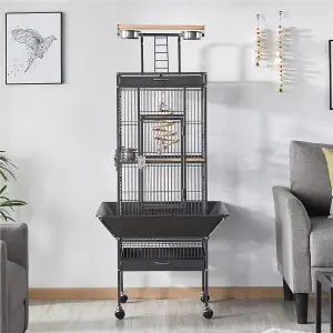 Yaheetech Black Metal Bird Cage with Playtop and Casters