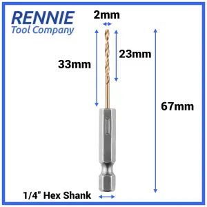 Rennie Tools - 2mm Hex Shank HSS Gold Cobalt Jobber Drill Bit For Stainless Steel, Hard Metals, Aluminium, Cast Iron, Copper.