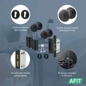 AFIT Beehive Reeded Black Key Lock Door Knob Set - 1 Pair Matt Black Mortice Knobs (55mm), Sash Lock (80mm) & Hinges (76mm)