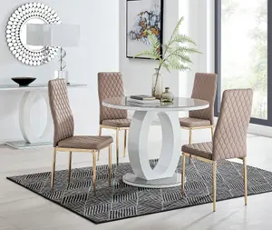 Giovani Round 4 Seat 100cm White High Gloss Halo Base Grey Glass Top Dining Table 4 Beige Faux Leather Gold Leg Milan Chairs