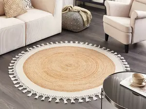 Round Jute Area Rug 140 cm Beige and White MARTS