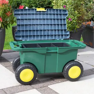 Garden Tool Trolley & Seat - Plastic Storage Cart Box with 4 Wheels, 2 Handles, Clasp Lid & Removeable Tray - H30 x W55 x D27cm