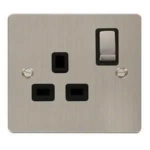 Flat Plate Stainless Steel 1 Gang 13A DP Ingot Switched Plug Socket - Black Trim - SE Home