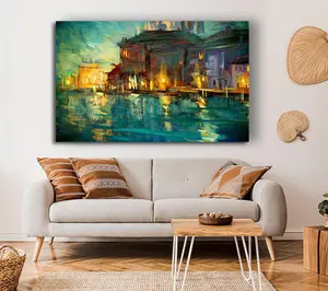 Water Reflections Town Lights Canvas Print Wall Art - Medium 20 x 32 Inches