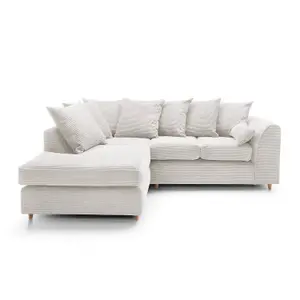 Jumbo White Cord Left Facing Corner Sofa for Living Room with Thick Luxury Deep Filled Cushioning