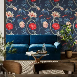 Belgravia Décor Forbidden Fruit Monkey Blue Smooth Wallpaper