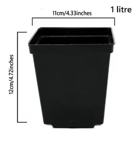 Square Plant Pot Strong Black Plastic Hydroponic Pots 1 Litre x 6 Pots