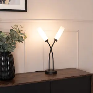 ValueLights Maya 2 Way Curved Arm Cross Over Matt Black Table Lamp for Living Room Hallway Bedside Light