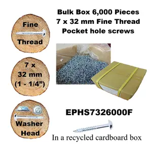 Pocket Hole Screws for Hardwoods, 32mm Long, Pack of 6,000, Fine Self-Cutting Threaded Square Drive, EPHS7326000F, EPH Woodworking