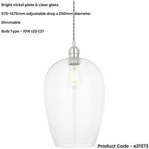 Hanging Ceiling Pendant Light - Large Bright Nickel Plate & Clear Glass - 10W LED E27