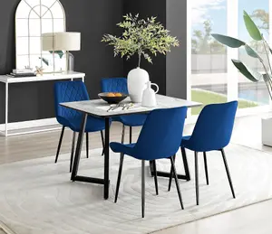 Carson 4 Seater White Marble Effect Rectangular Scratch Resistant Dining Table with 4 Navy Pesaro Velvet Black Leg Chairs