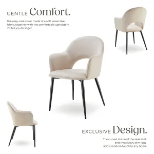 Dining Chair Sachel - padded armchair in velvet look, continuous backrest - cream