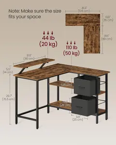 VASAGLE L-Shaped Desk with 2 Spacious Drawers, Gaming Desk with Monitor Stand, Corner Desk, Computer Desk, Rustic Brown