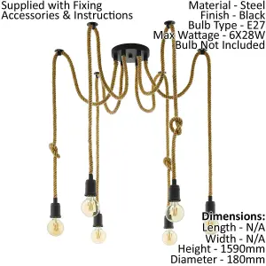 Hanging Ceiling Pendant Light Black & Rope 6x Bulb E27 Adjustable Spider Lamp