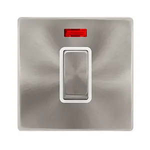 Brushed Steel Screwless Plate 1 Gang Ingot Size 45A Switch With Neon - White Trim - SE Home